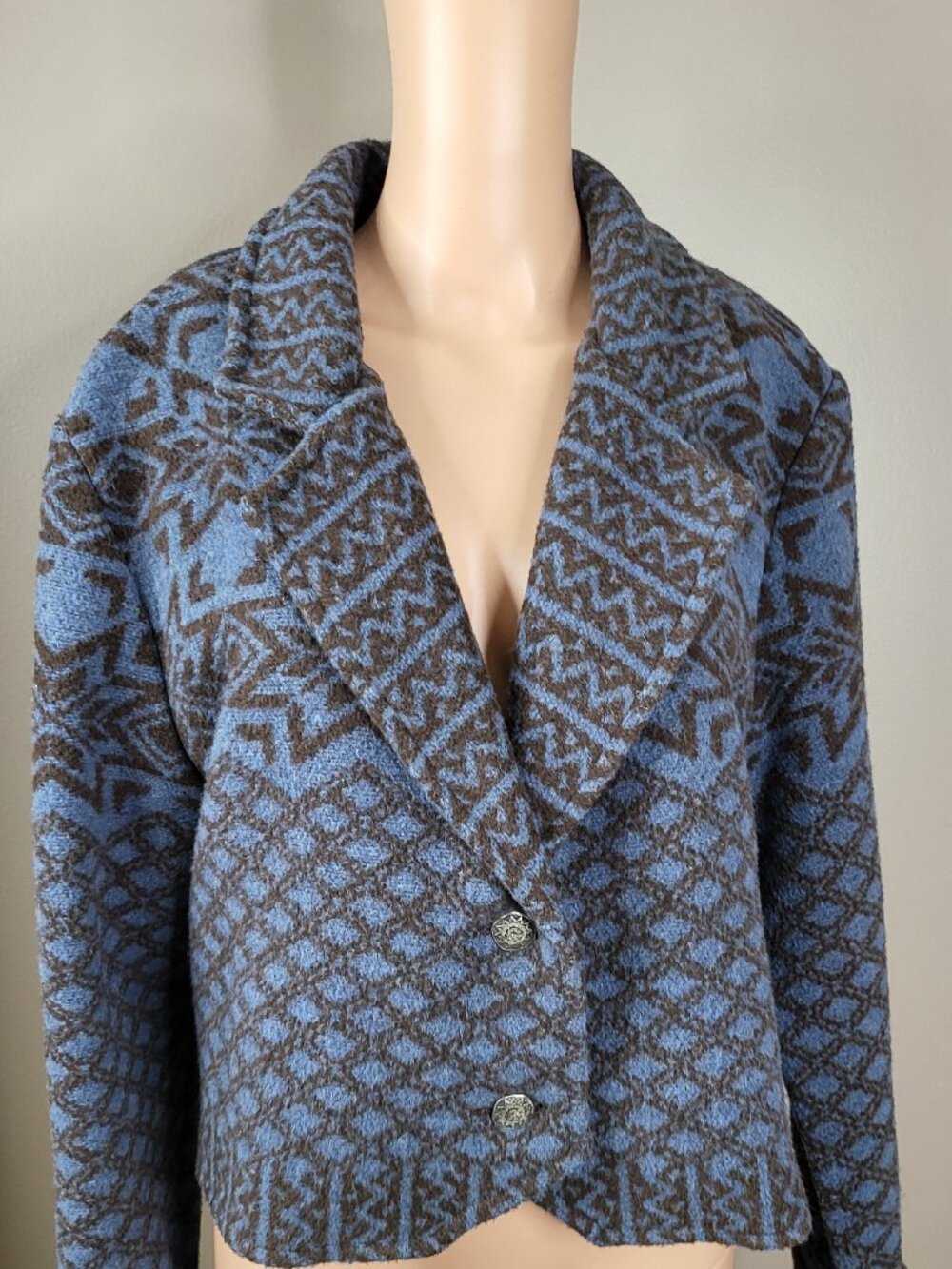 Vintage Wooded River Blue Brown Southwestern Wool Jacket Blazer Size L Made USA